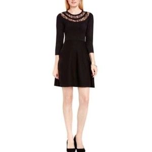 Vince Camuto Women's Fit & Flare Solid Black Dress Lace 3/4 Sleeve Size Small